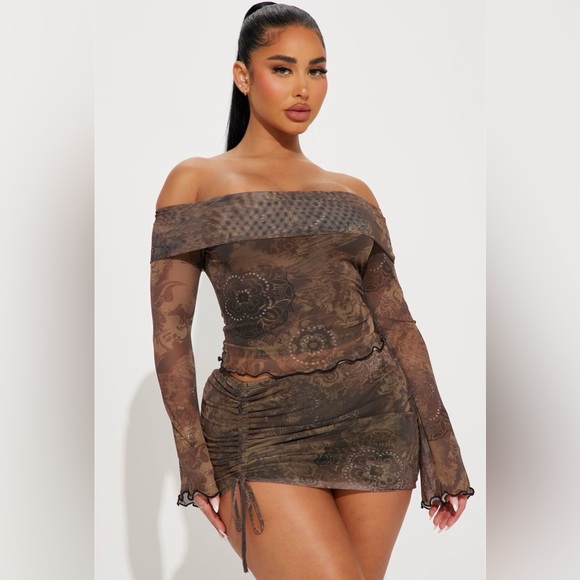 Fashion Nova Dresses & Skirts - Fashion Nova Luna Mesh Skirt Set- Brown